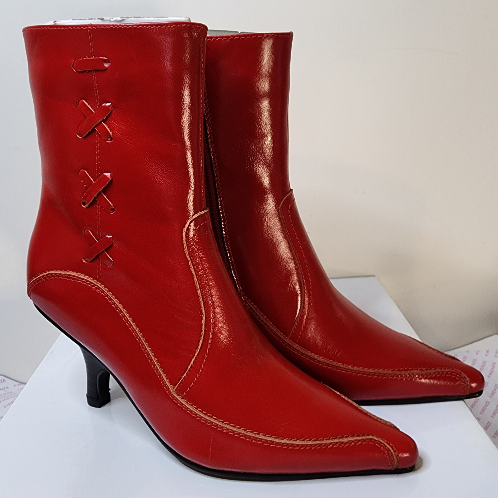 Firenze Women’s Leather Red Calf-Height Pointed Boots Euro Size 36 US 6 with Box