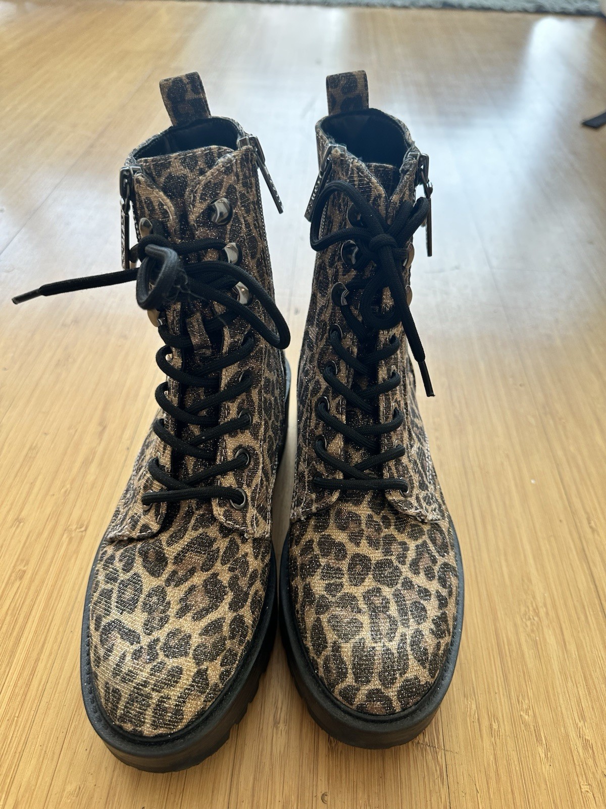 GUESS Women’s Size 6.5 Leopard Print Leather Lace-Up Combat Ankle Boots