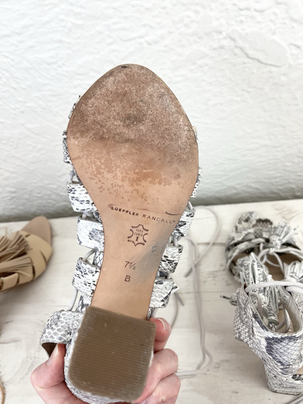 Loeffler Randall Heels Leather Cream Gray Snakeskin Snake Tassels size 7.5