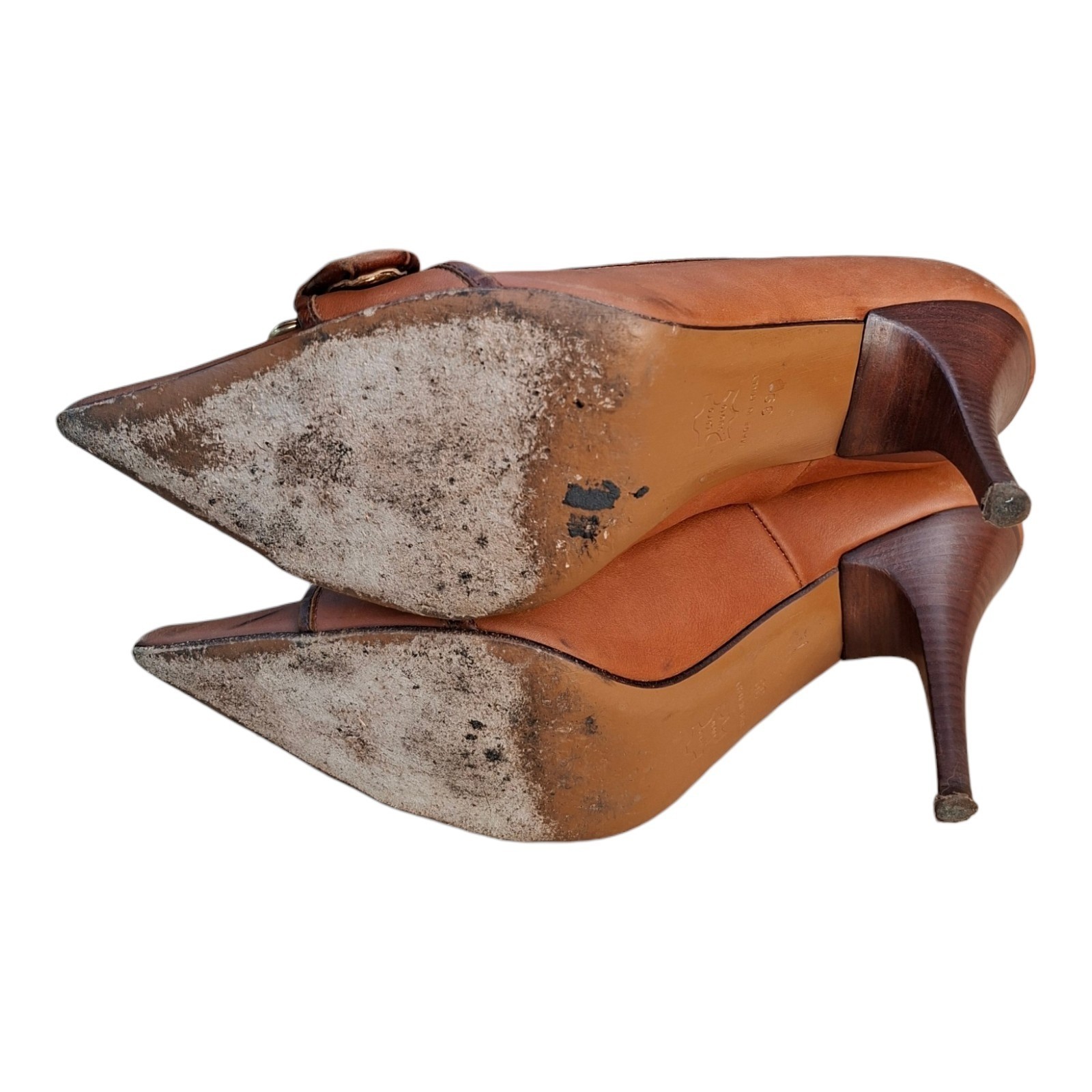 Vintage Just Cavalli Brown Leather Pointy Pumps Gold Buckle Heels Y2K Sz 39