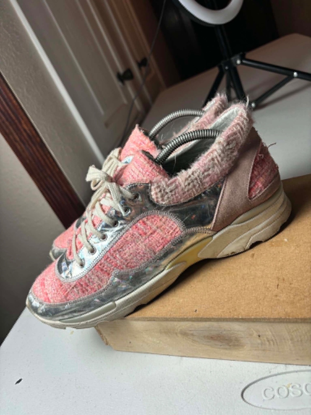 CHANEL 2014 pink tweed silver holographic silver leather sneakers Sz 42 / 12 US
