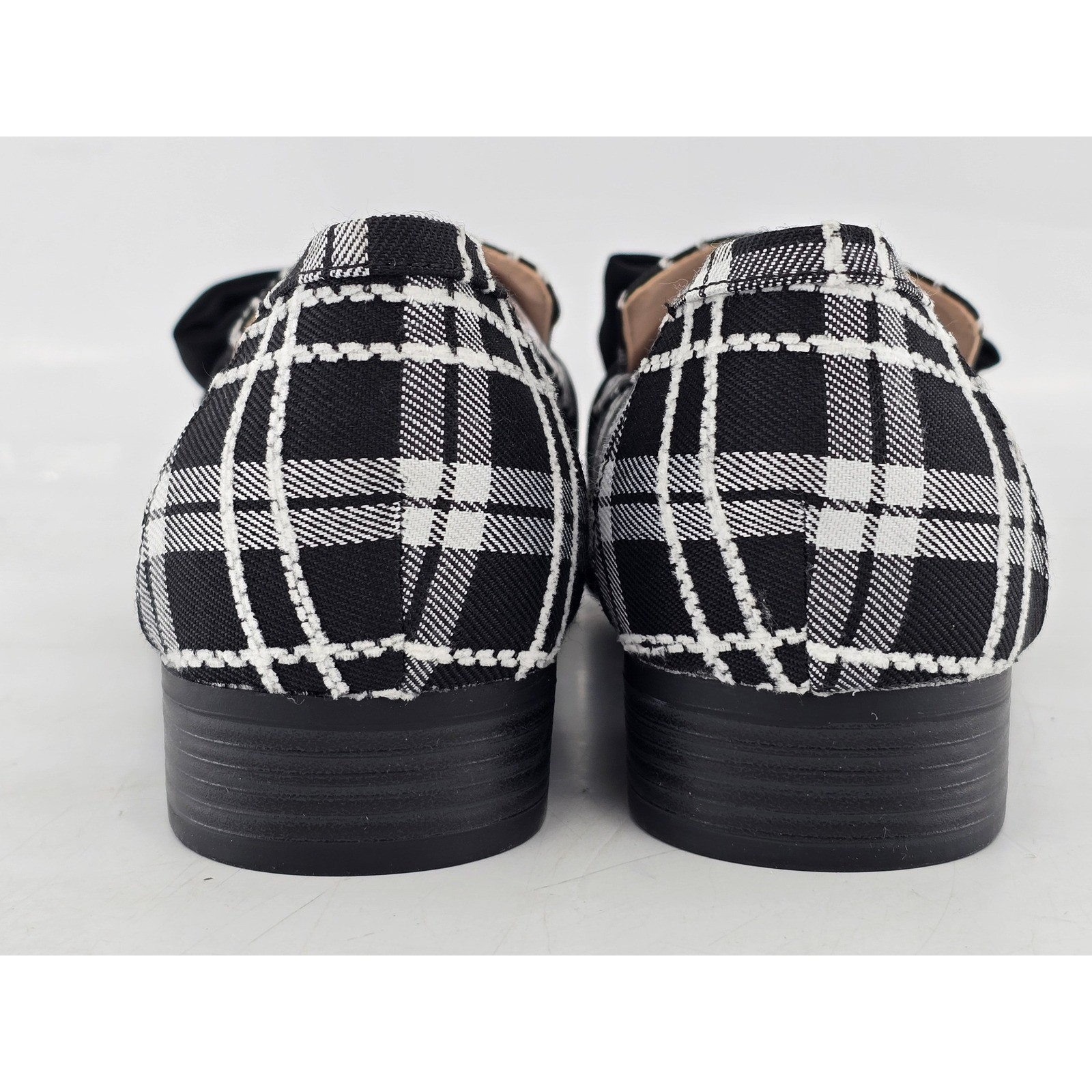 Bandolino Lindio Loafers Womens 9M Black White Plaid Bow Slip On Shoes -VGF