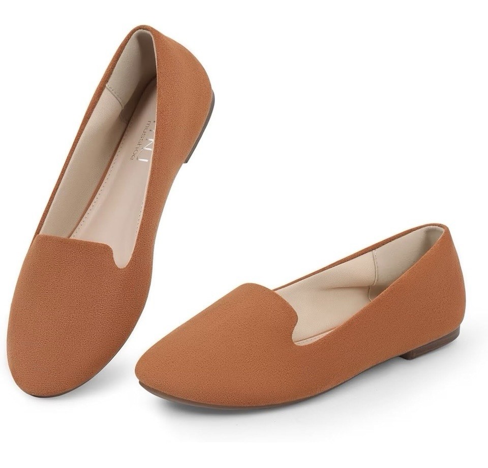 MUSSHOE Flats Shoes for Women Slip on Round Toe Comfortable Tan Microfiber N 7