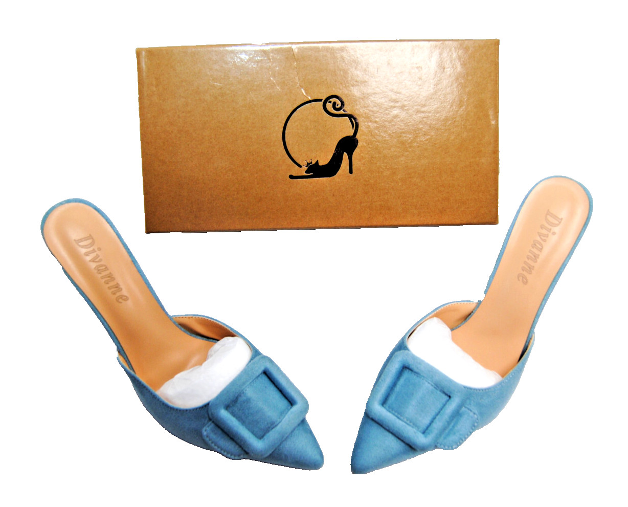 Divanne Women’s Buckle Backless Heeled Mules Pointed-Toe Blue Suede Shoes T2376