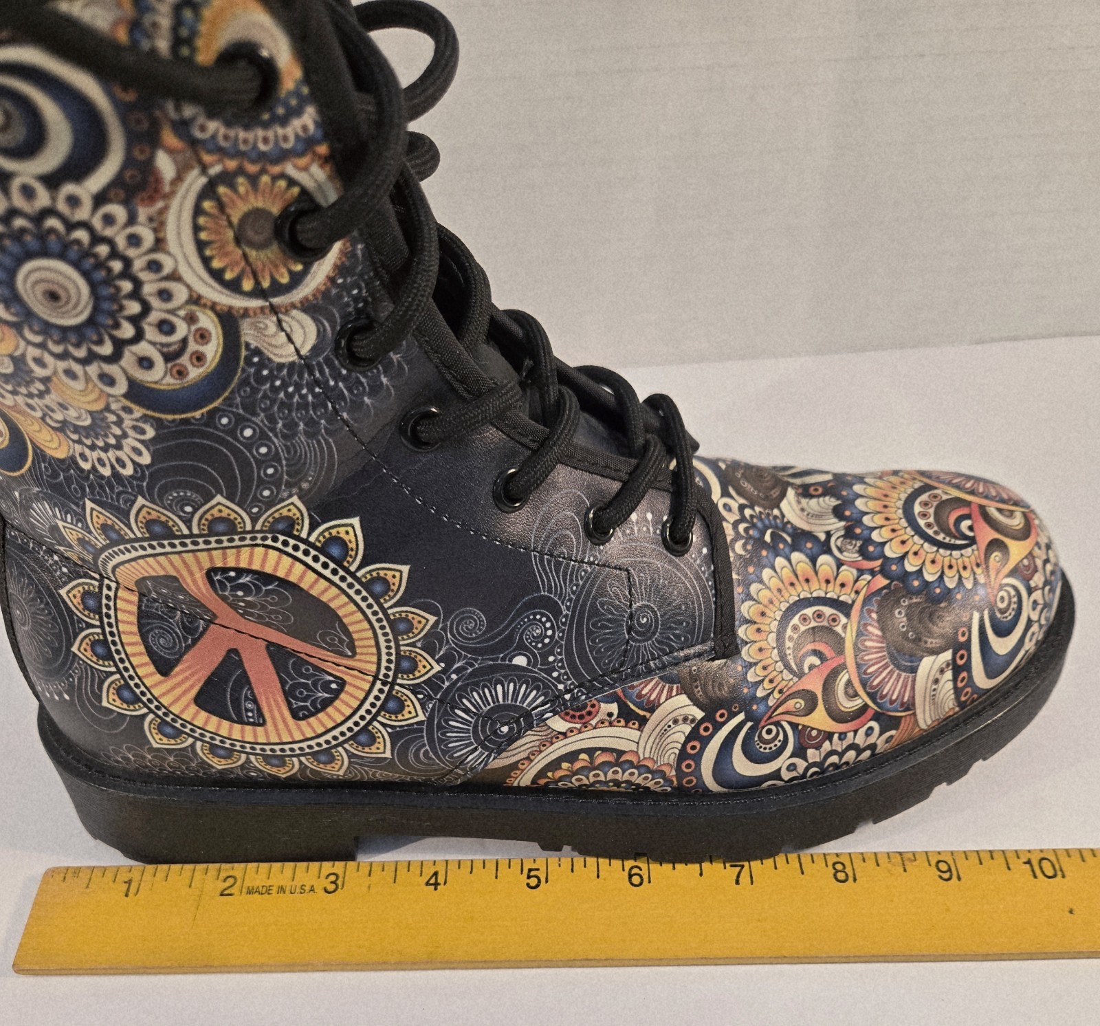 «YES WE VIBE» BOOTS Peace Sign Boho Hippie Punk Combat Goth F/8 M/6 Vegn Leather