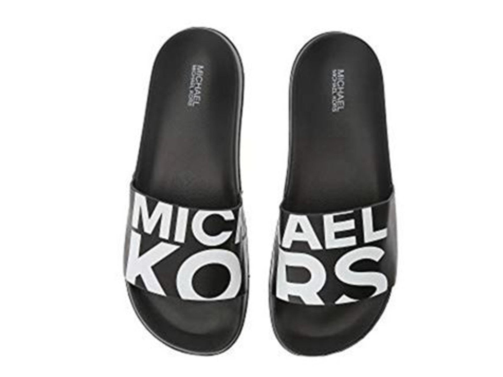 MICHAEL KORS Women MK Logo T-Strap Slides Flat Sandals Black White 6,7,8,9,10,11