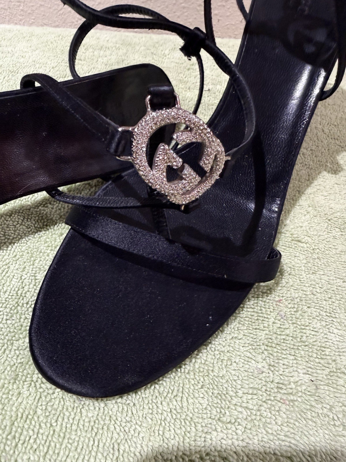 Gucci Black Strappy Britt Lace-Up Ankle Strap Logo Silk Sandals Women’s Size 10