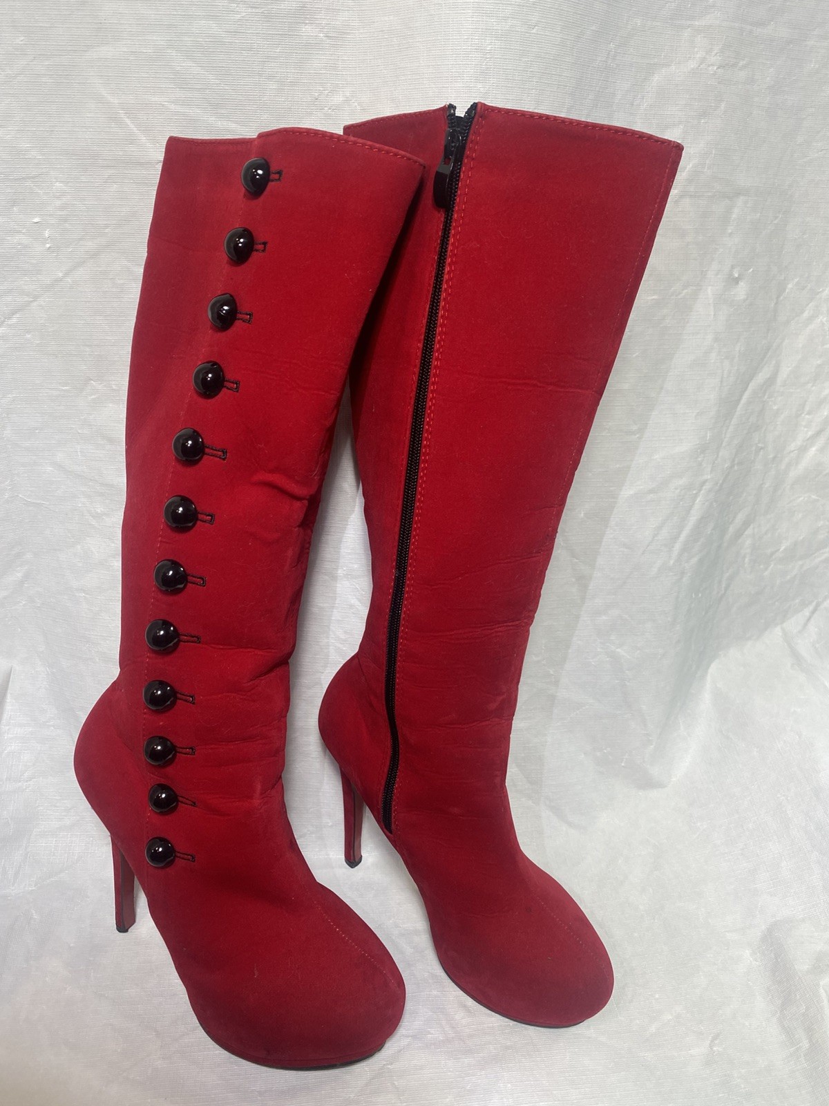 Highest Heel Women’s Red Knee High Rhinestone Boots, Pointed Toe Zip size 37/6.5