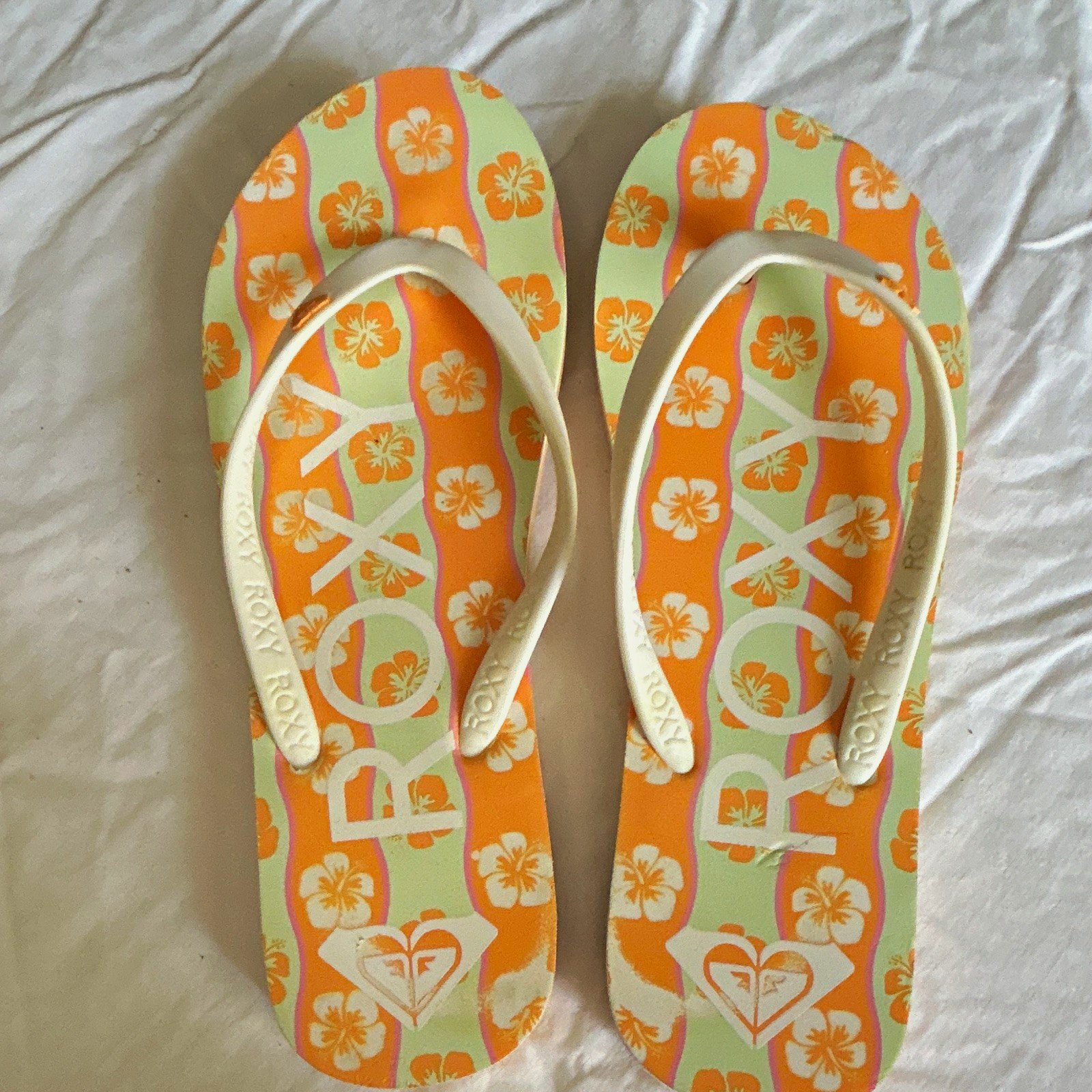 Roxy Women’s Orange/Green/White Plastic Floral Flip Flop Sandals US 7