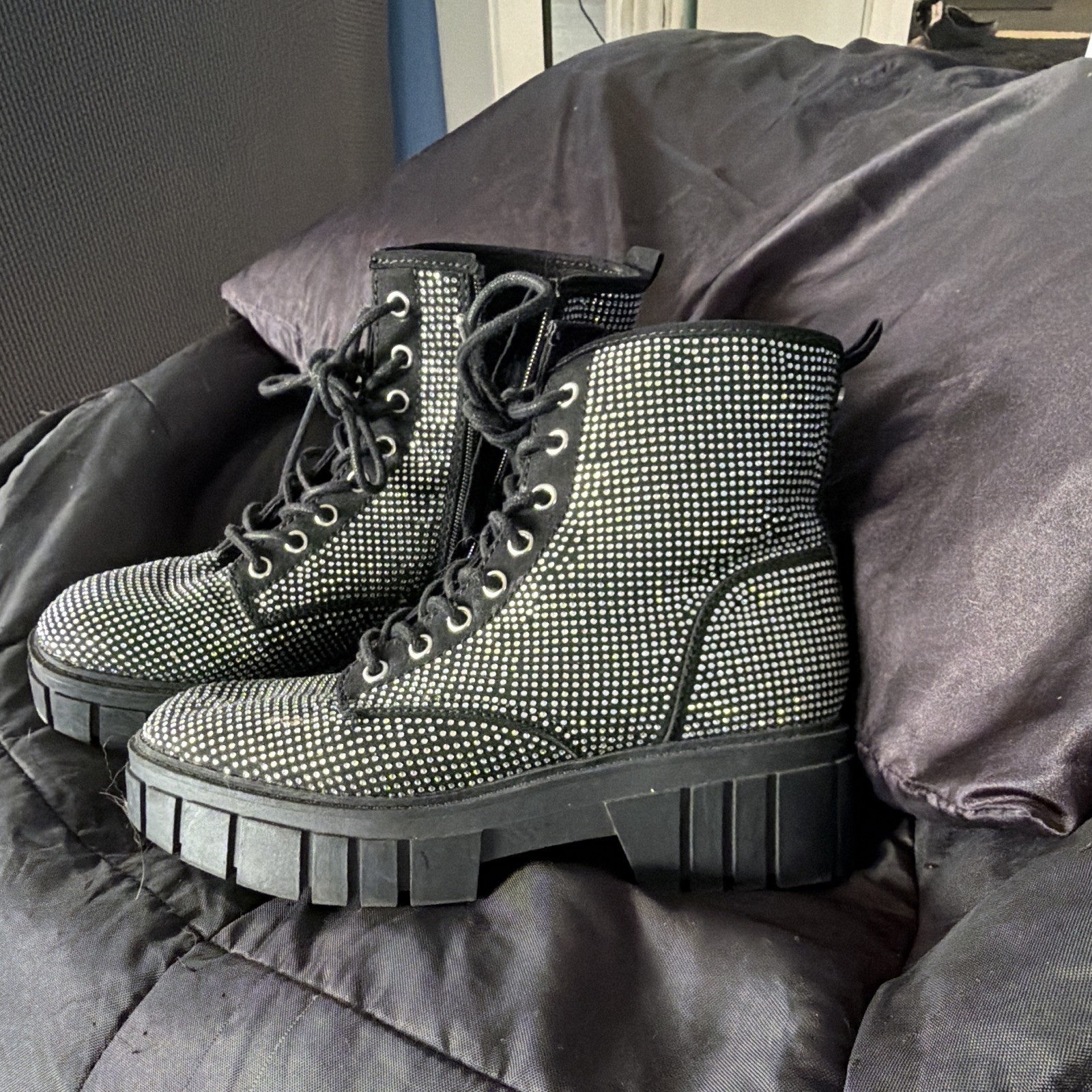 Madden Women’s Combat Ankle Boots Faux Leather Lace-Up Studded Black/Silver 9