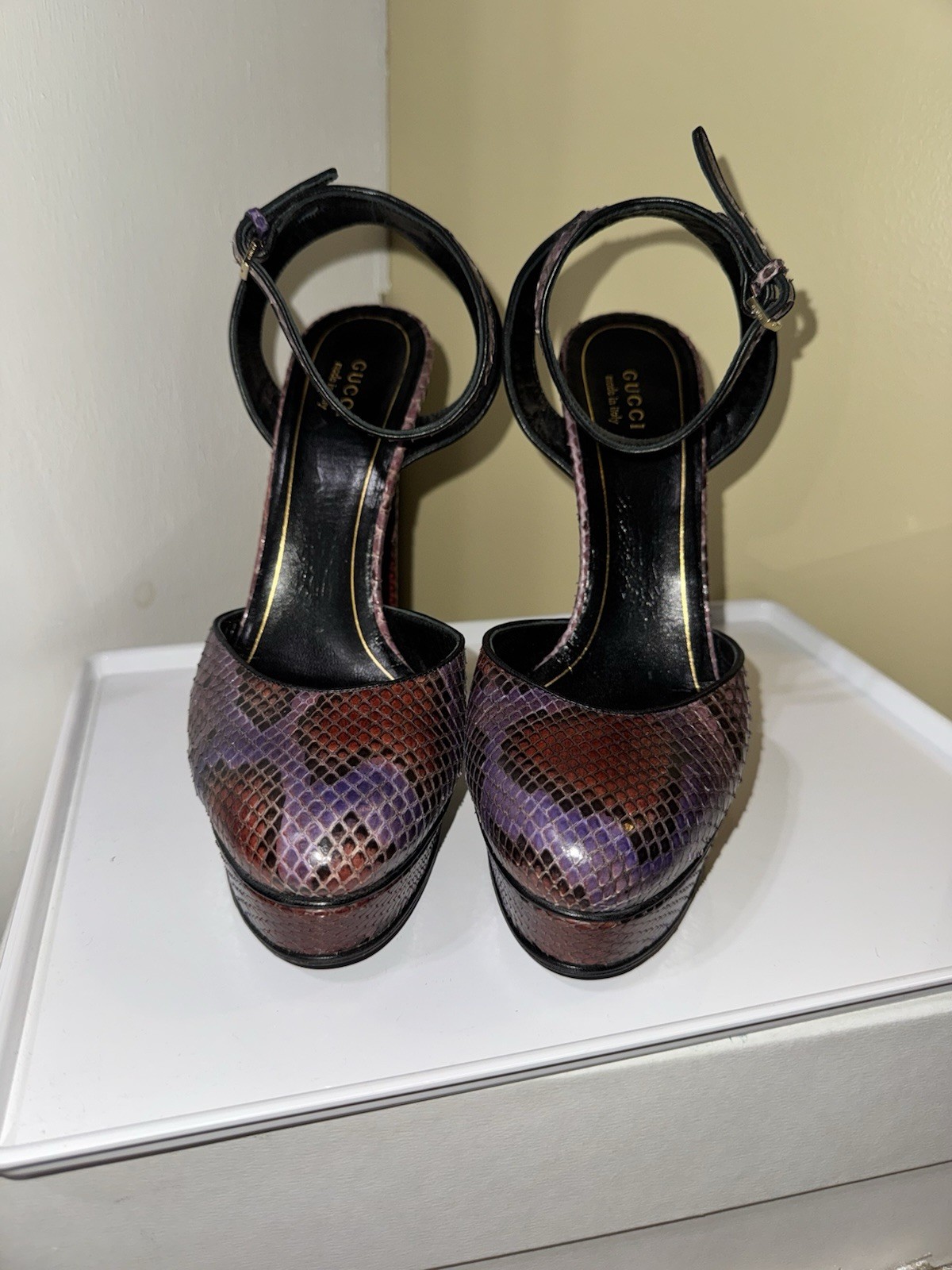 Gucci Python Leather Platform Ankle Strap Closed Toe Heel US 10