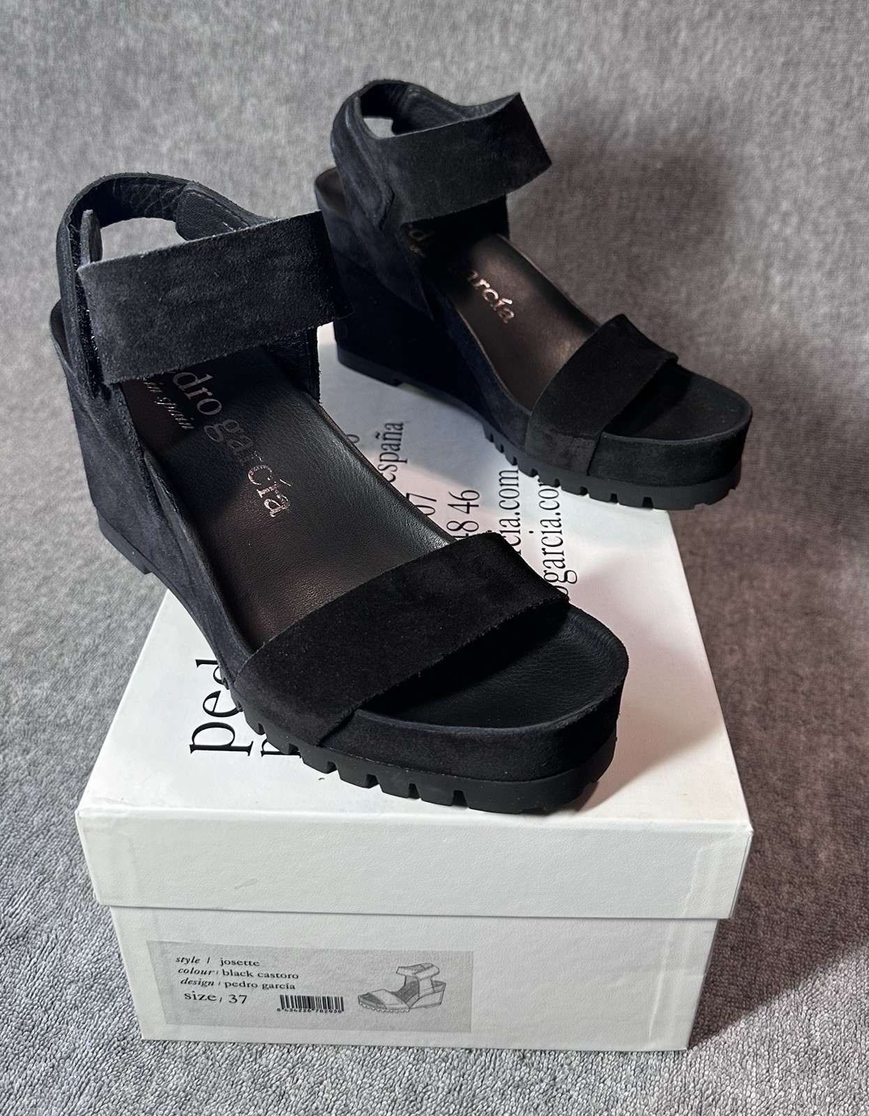 NWB Pedro Garcia Josette Platform Wedge Sandal Black Suede Size EU 37 MSRP $595