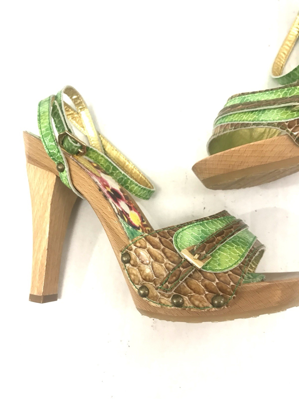 Just Cavalli Wooden Platform Green Snake Embossed Sandals – Size EU 38 | US 8