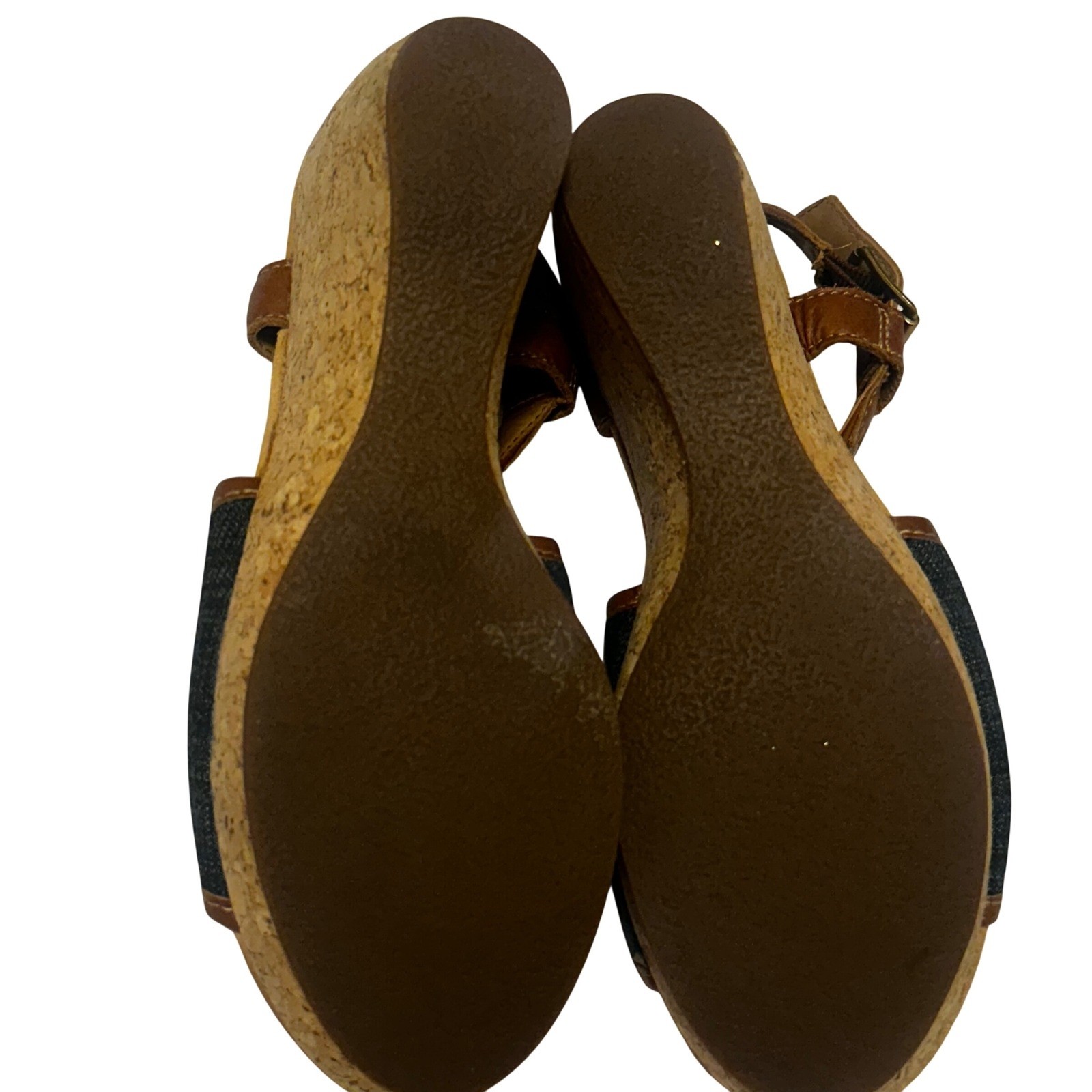 Clarks Elements Denim Leather Cork Wedge Sandals Brown Blue 9M 87669