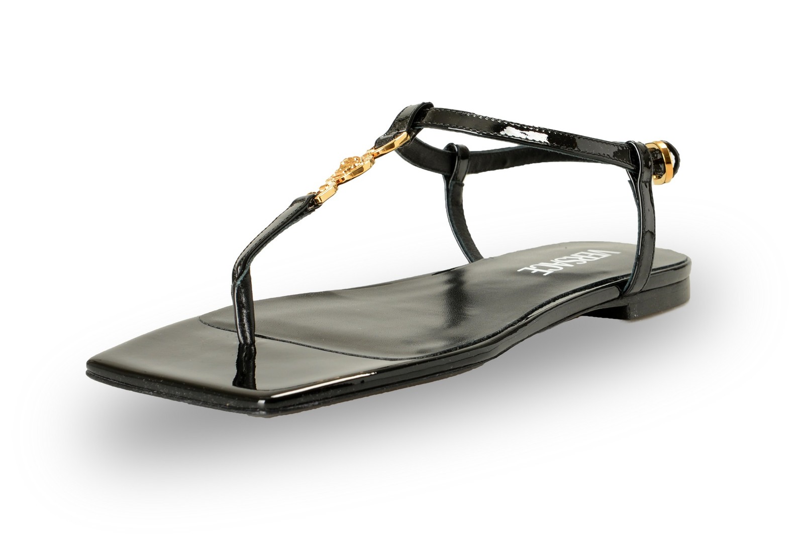 Versace Women’s Black Patent Gold Medusa Leather Flat Sandals Shoes US 6 IT 36