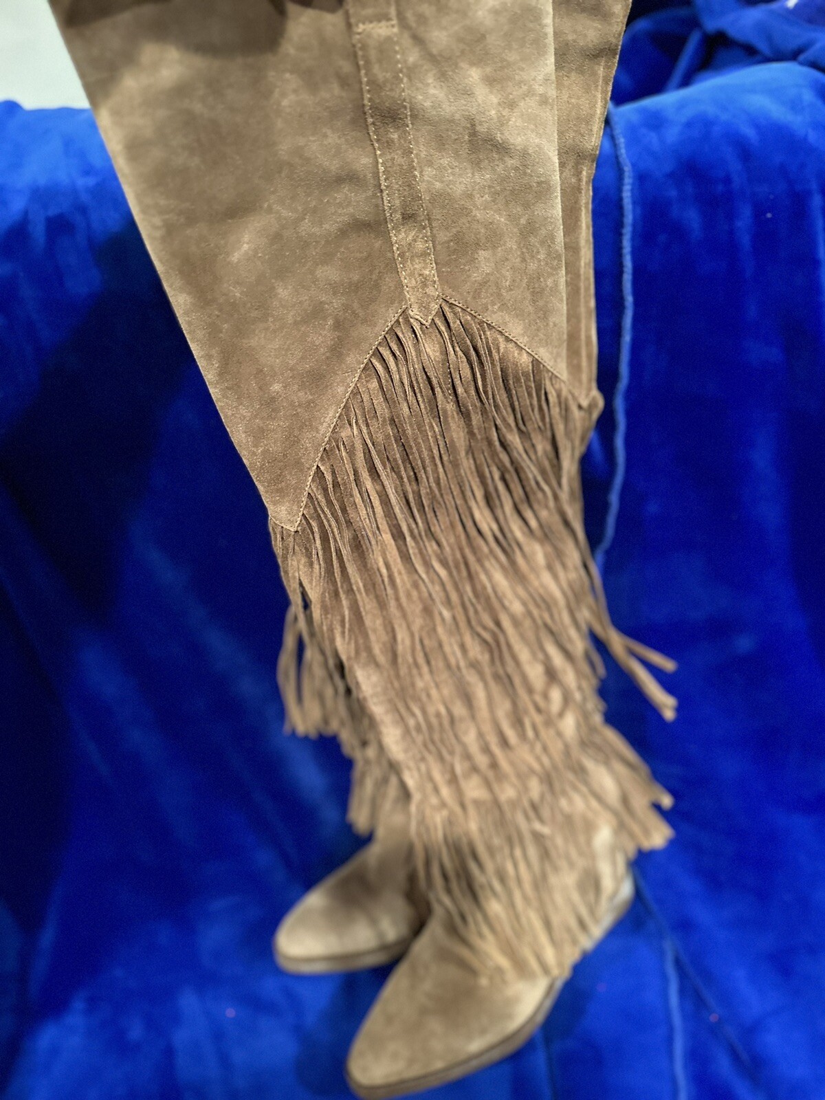 Ash Gipsy thigh high brown suede tiered fringe pull on boots Sz 8 (39M) HTF box