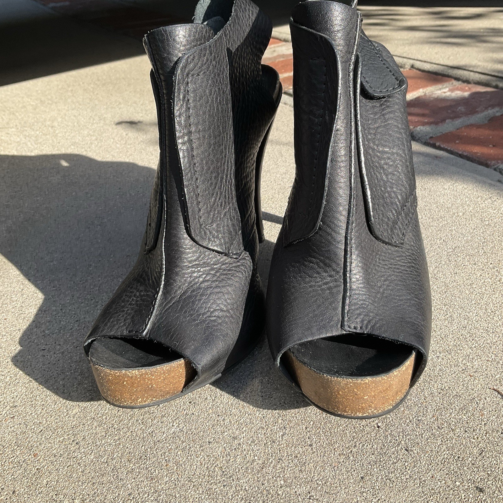 Pedro Garcia Black Pebbled Leather Peep Toe Platform Ankle Boots Spain 41