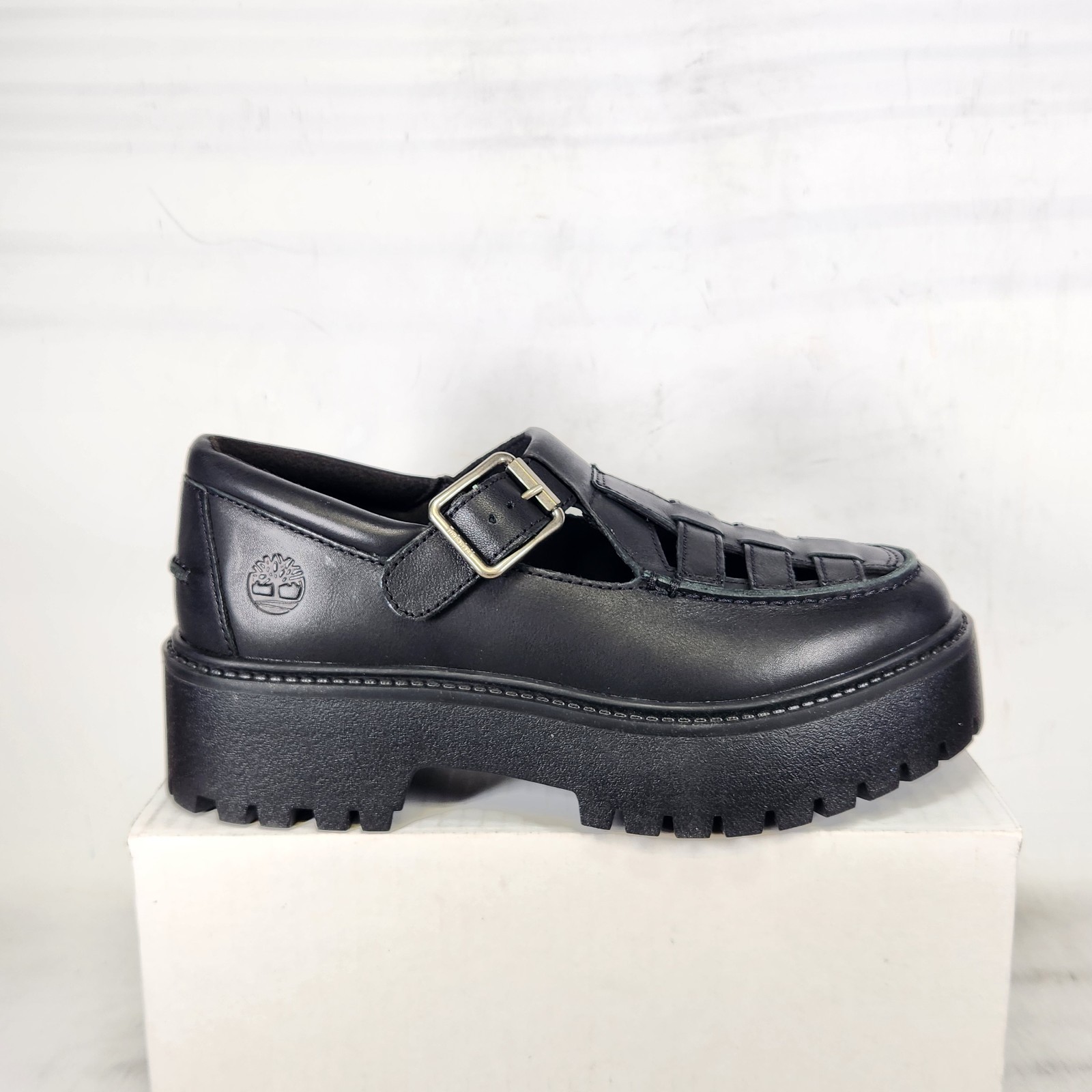 7 WOMEN – Timberland Stone Street Platform Buckle – Black LEATHER Woven