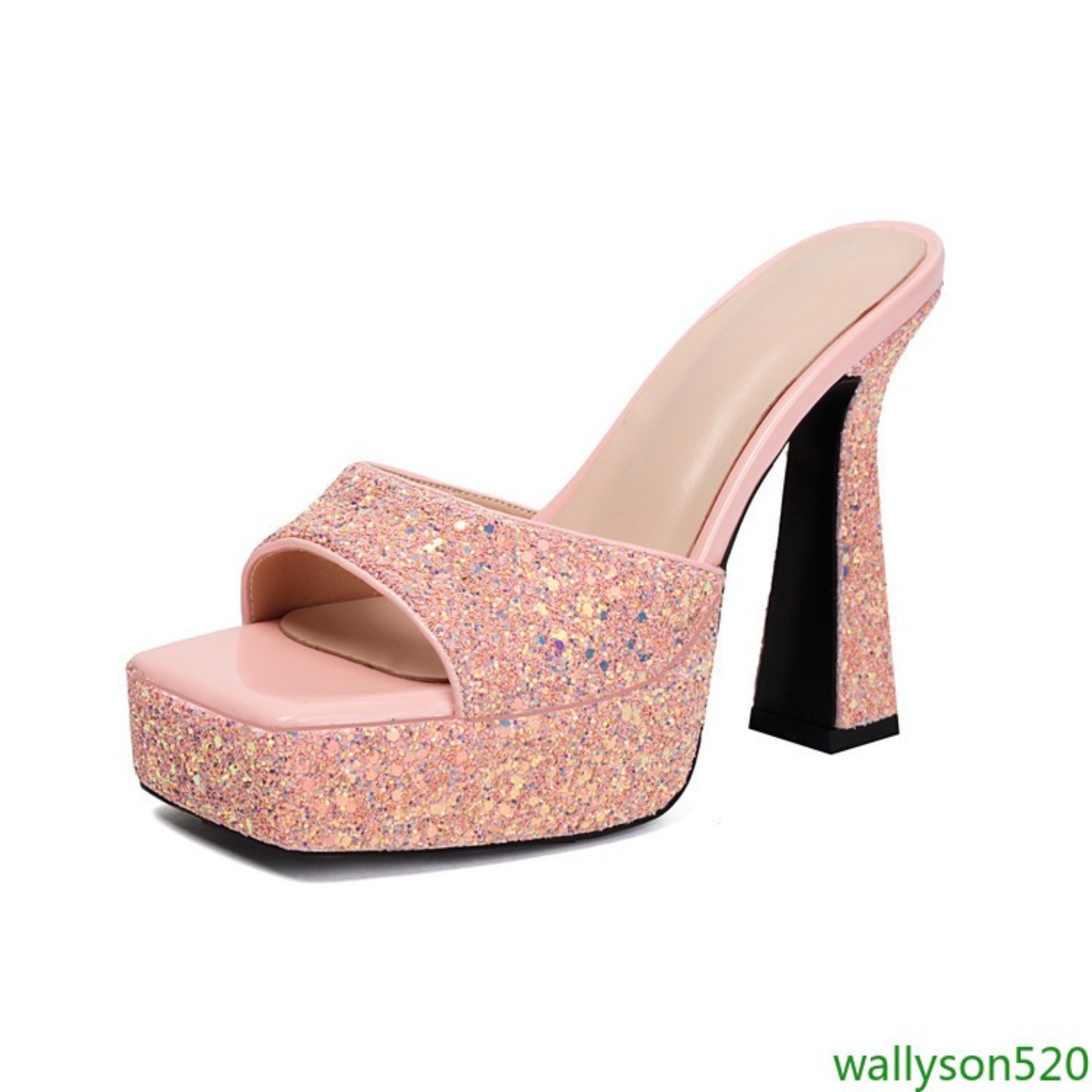 Women’s Glitter Open Toe Slip On Platform Flared Block Heel Mule Slide Sandals