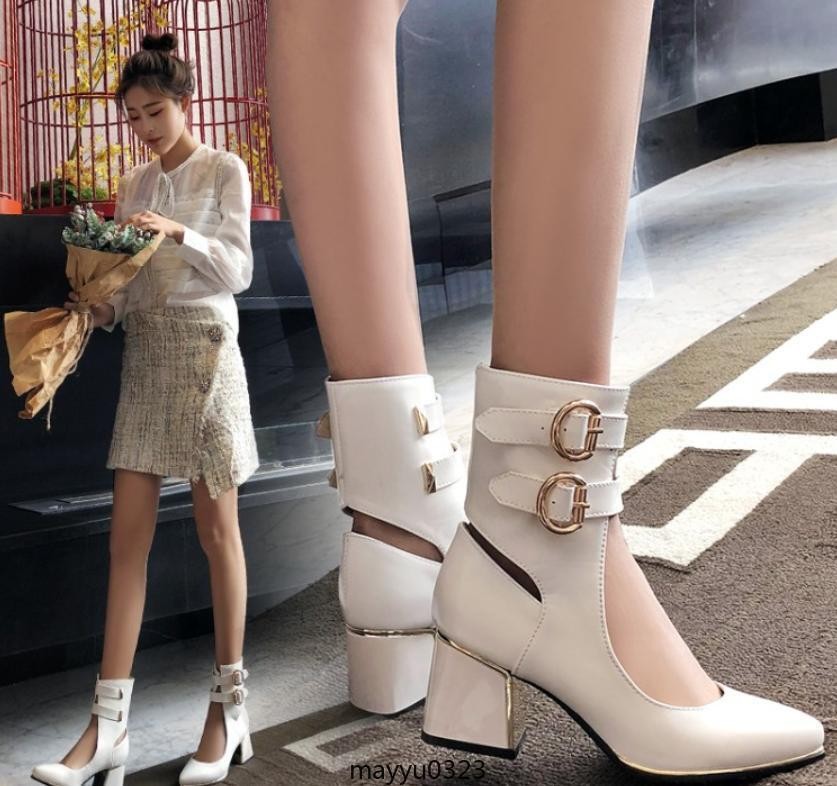 Womens Pointy Toe Mid Block Heel Sandals Hollow Out Buckle Ankle Boots Oversize