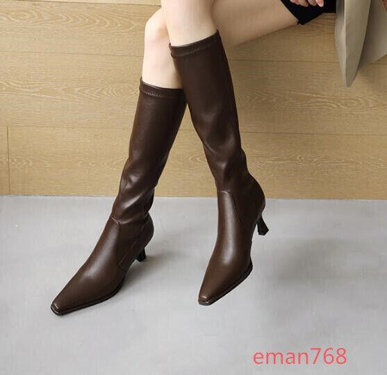 Women Faux Leather Knee High Knight Boots Kitten Heels Pointed Toe Shoes