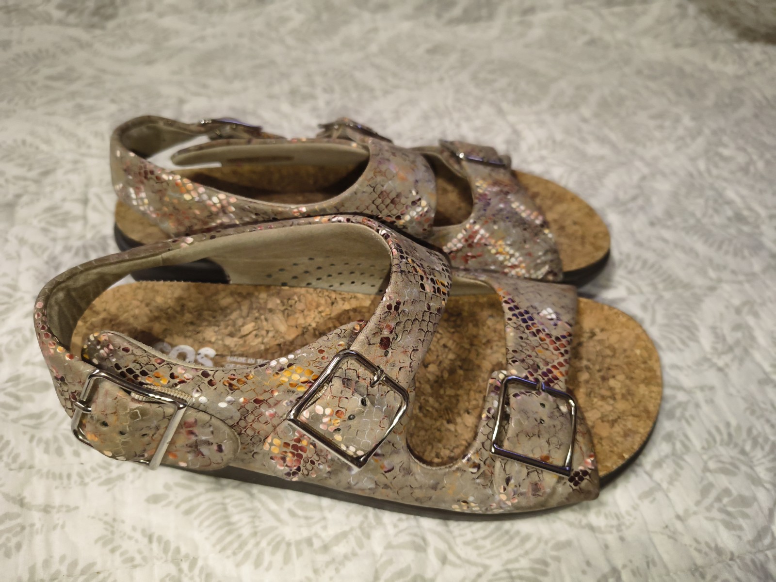 SAS Women’s Beige/Multicolor Snakeskin Leather Strappy Wedge Sandals Cork 7 M