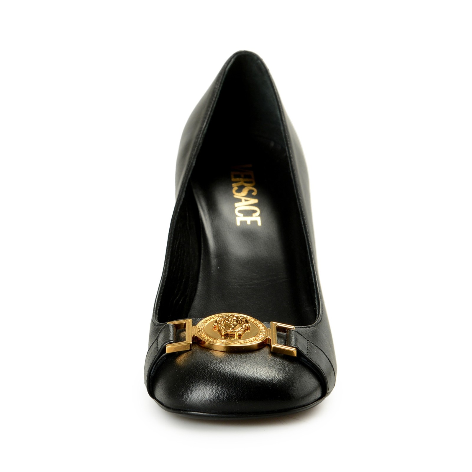 Versace Women’s Gold Medusa Black Leather High Heel Pump Shoes US 11 IT 41