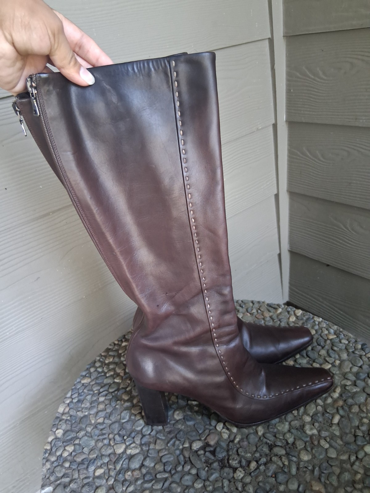 Prada Brown Leather Knee-High Riding Boots Pointed Toe Zip EU 39
