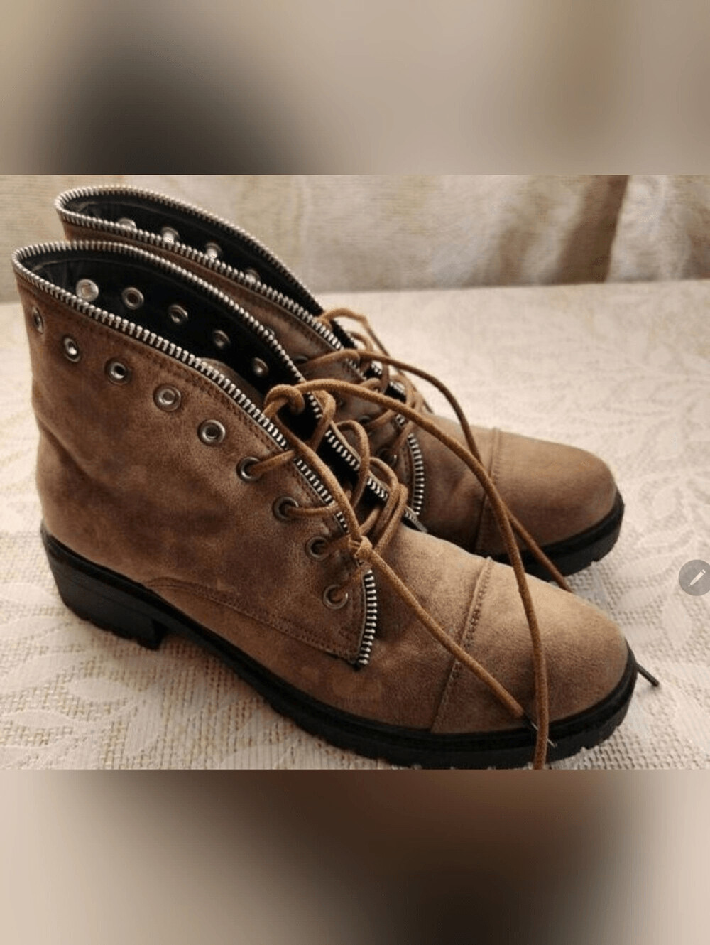 Cupid faux Leather Lace-Up Ankle Boots in Taupe w metal eyelets and zipper trim
