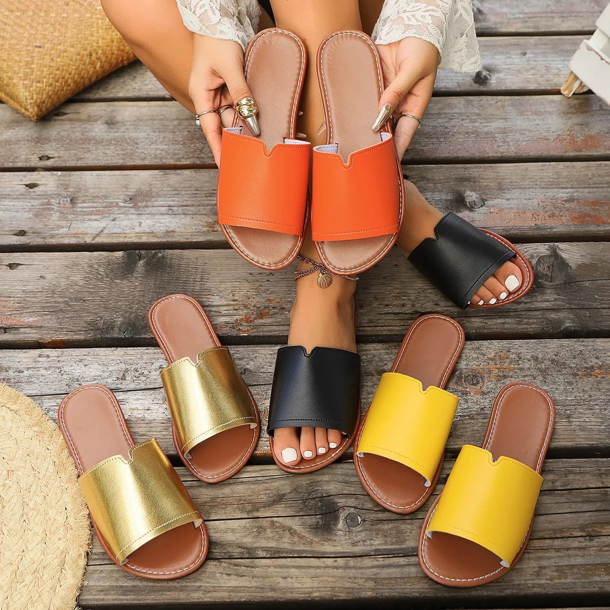 Women’s Flat Slide Sandals Open Toe PU Leather Slip On Summer Beach Shoes 6-12