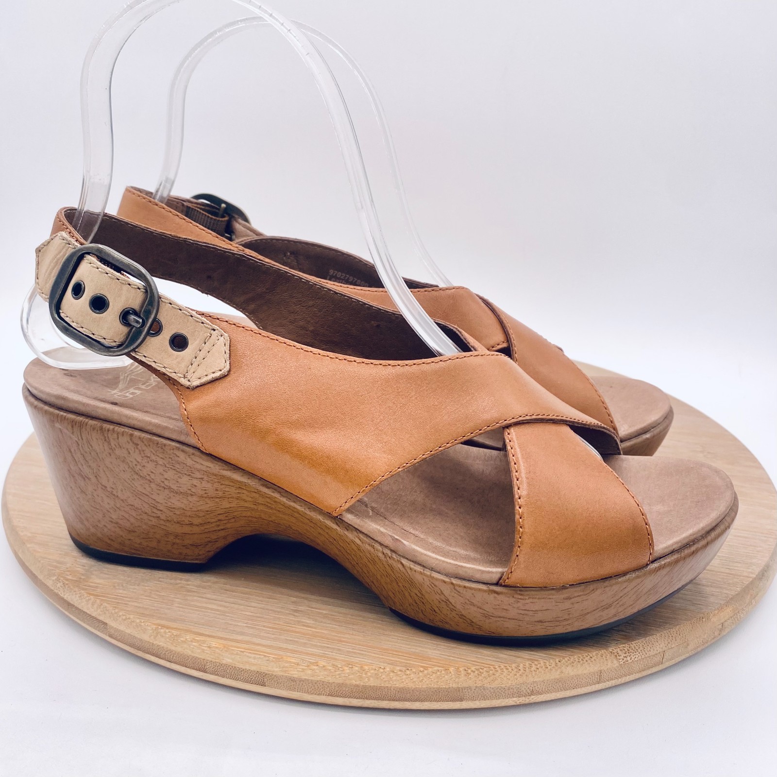 Dansko Sandals Womens 6.5 37 Tan Leather Slingback Wedge Jacinda Peep