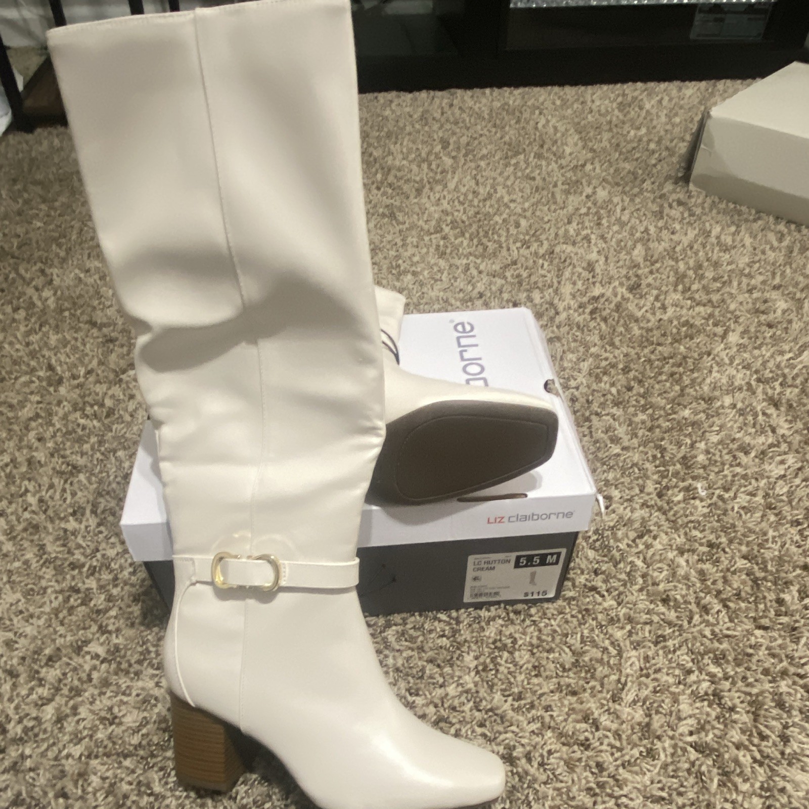 Liz Claiborne LC Hutton Cream Knee High Riding Boots Square Toe Zip Buckle 5.5M