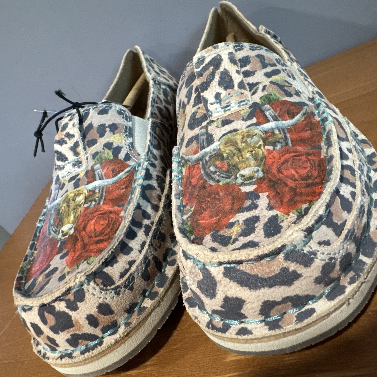 Ariat Cruiser Rodeo Quincy Women’s 7 Slip-On Cheetah Steer Roses Western Cowboy