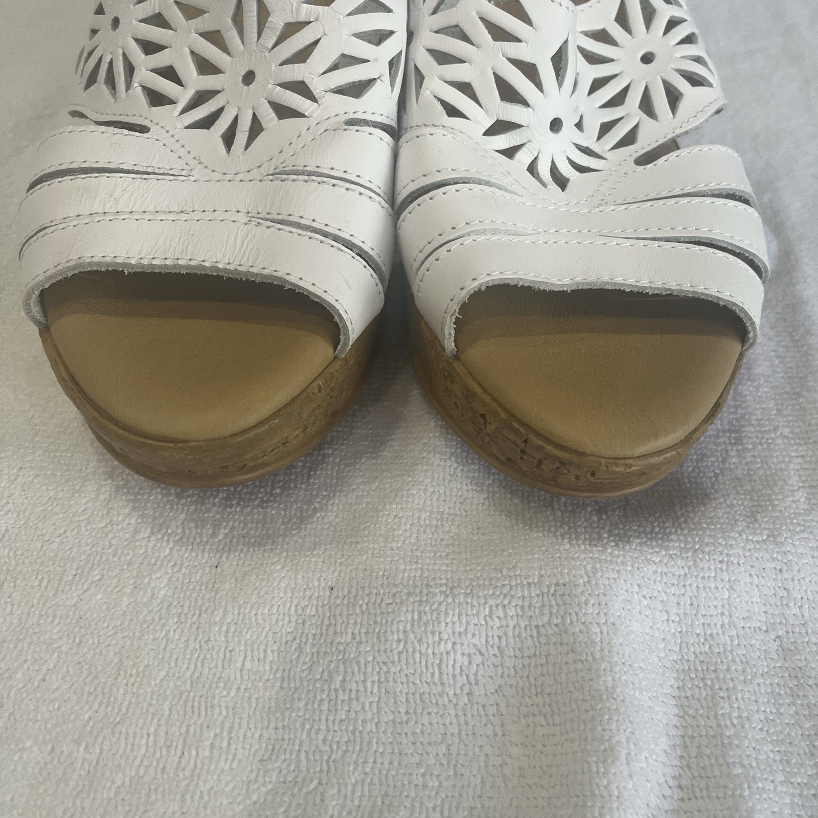 Spring Step Dora White Leather Laser Cut Summer Wedge Slide Sandal Cottagecore