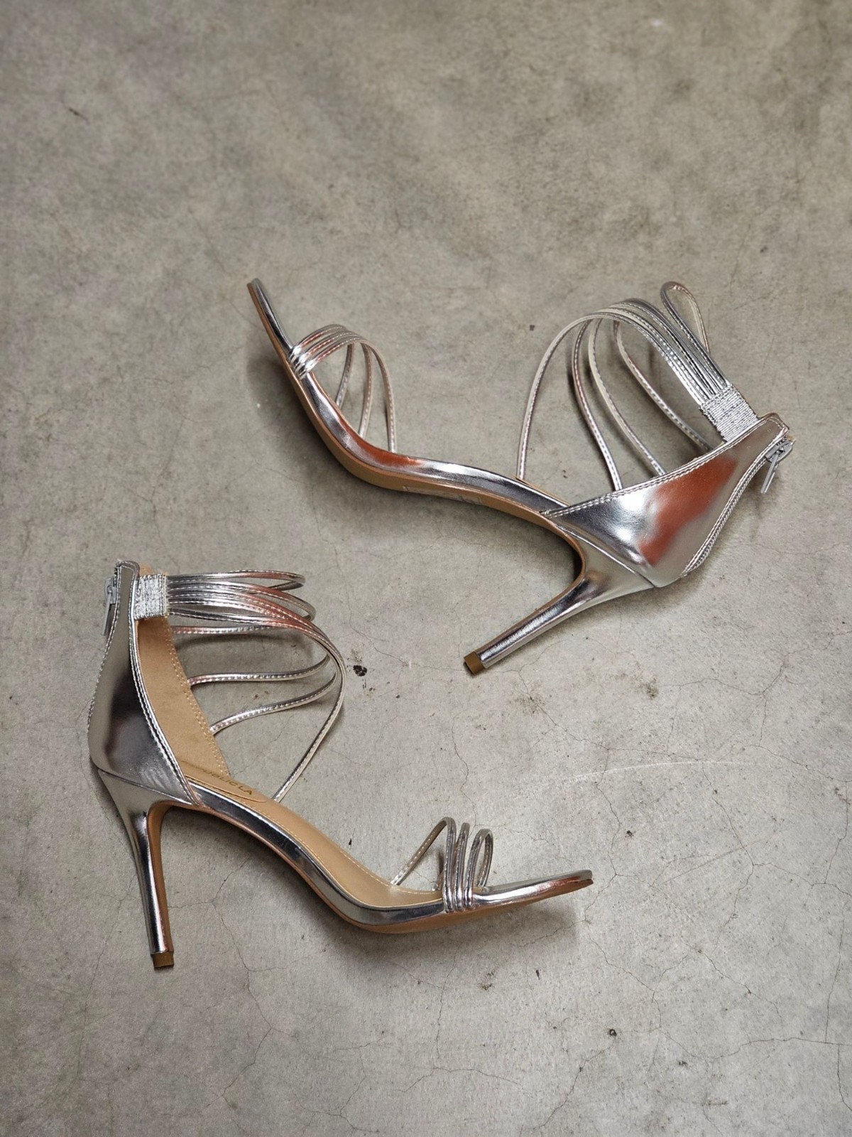 Strappy Metallic Silver High Heel Sandals With Ankle Strap Closure – Womens