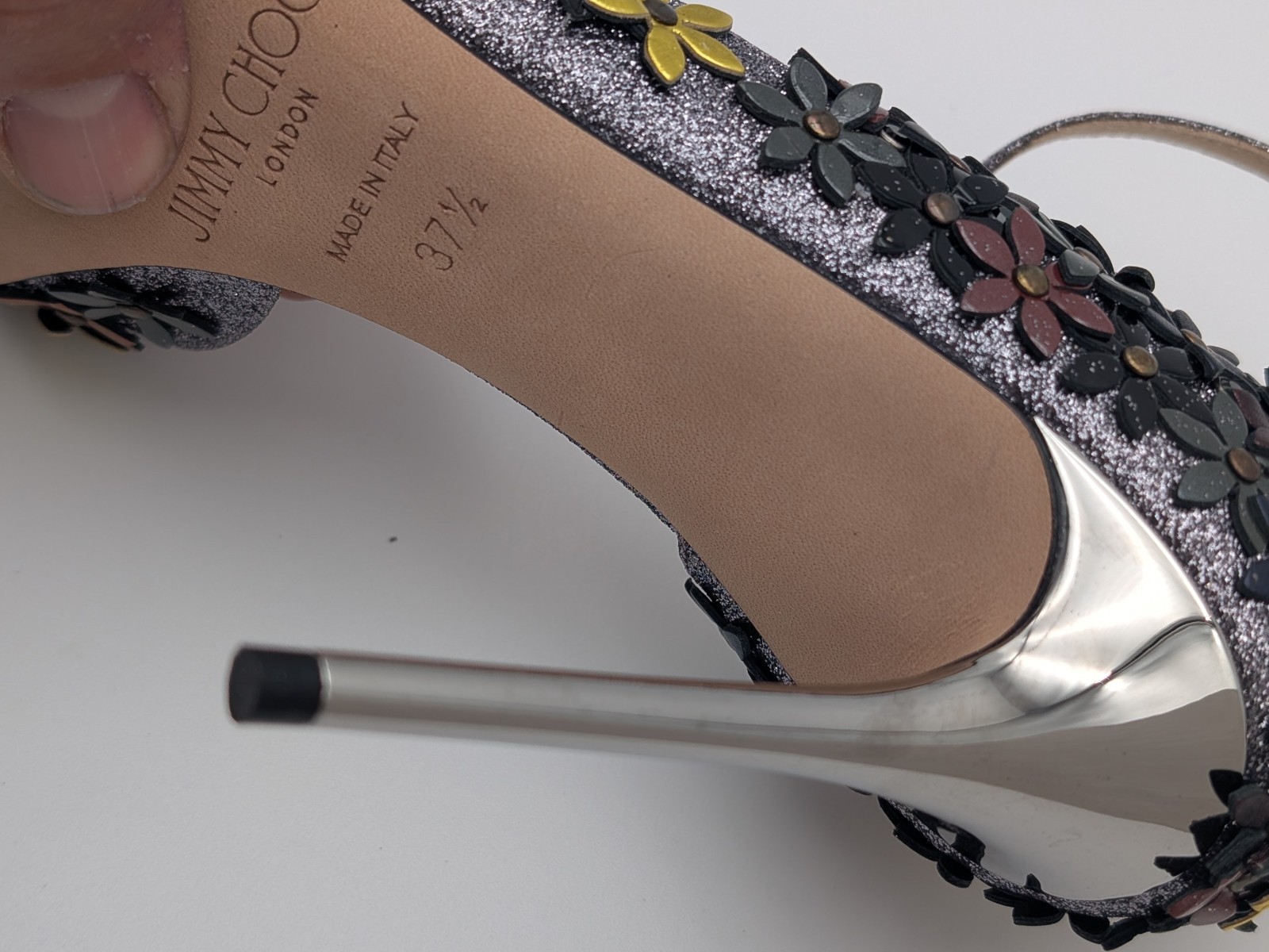 Wms Jimmy Choo Lorelai 100 FGW 155 Fine Glitter Leather Heels US 7.5 / EU 37.5