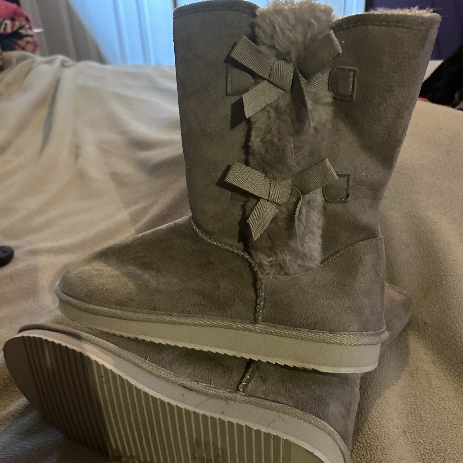 Fitory Women’s Gray Faux Suede Mid-Calf Boot Fur Lined Bow US 10 EU 41 UK 8