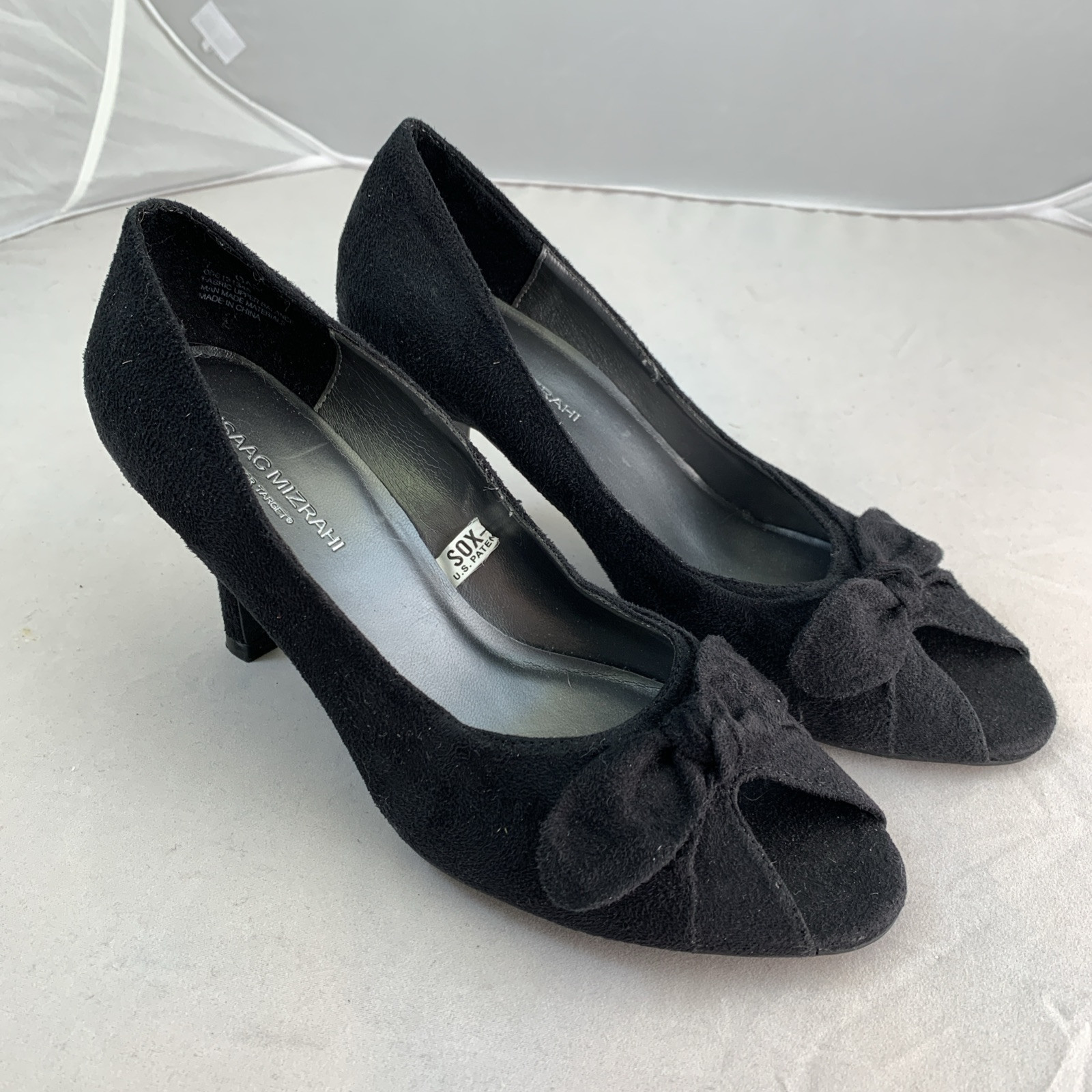 Isaac Mizrahi for Target Gabi Heels Peep Toe Bow Faux Suede Slip On Black Size 7