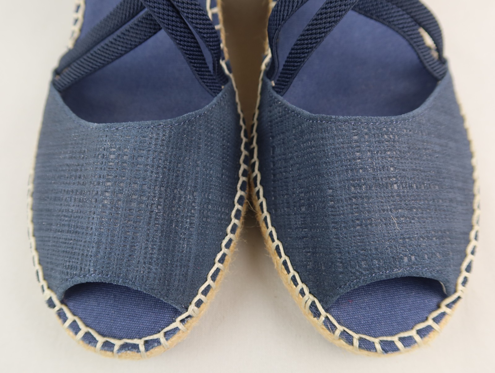 ABEO Delano Espadrille Wedge Peep Toe Sandal Sz 9 Neutral Navy Blue