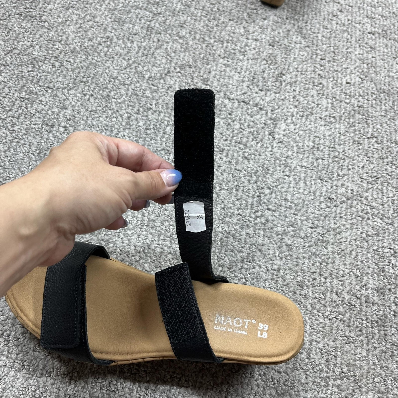 Naot Wedge Sandals Womens 8 Black Leather Cork Adjustable Straps Comfort