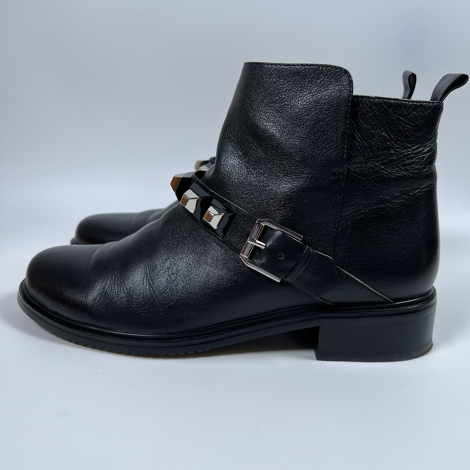 Balidoner Black Leather Ankle Boots Buckle Strap Studded Moto Biker