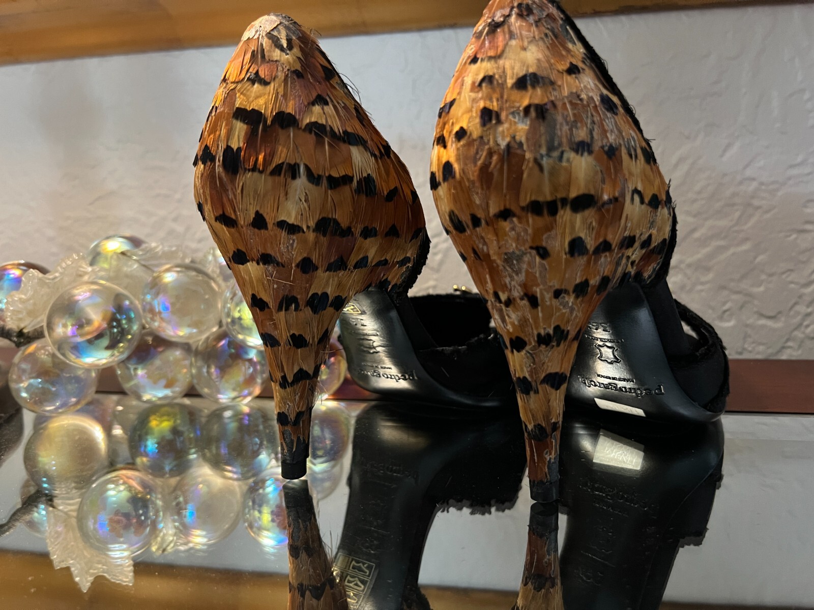 PEDRO GARCIA Black Satin Feathers & Pearl Brooch Womens Heels EU 36.5 US 6