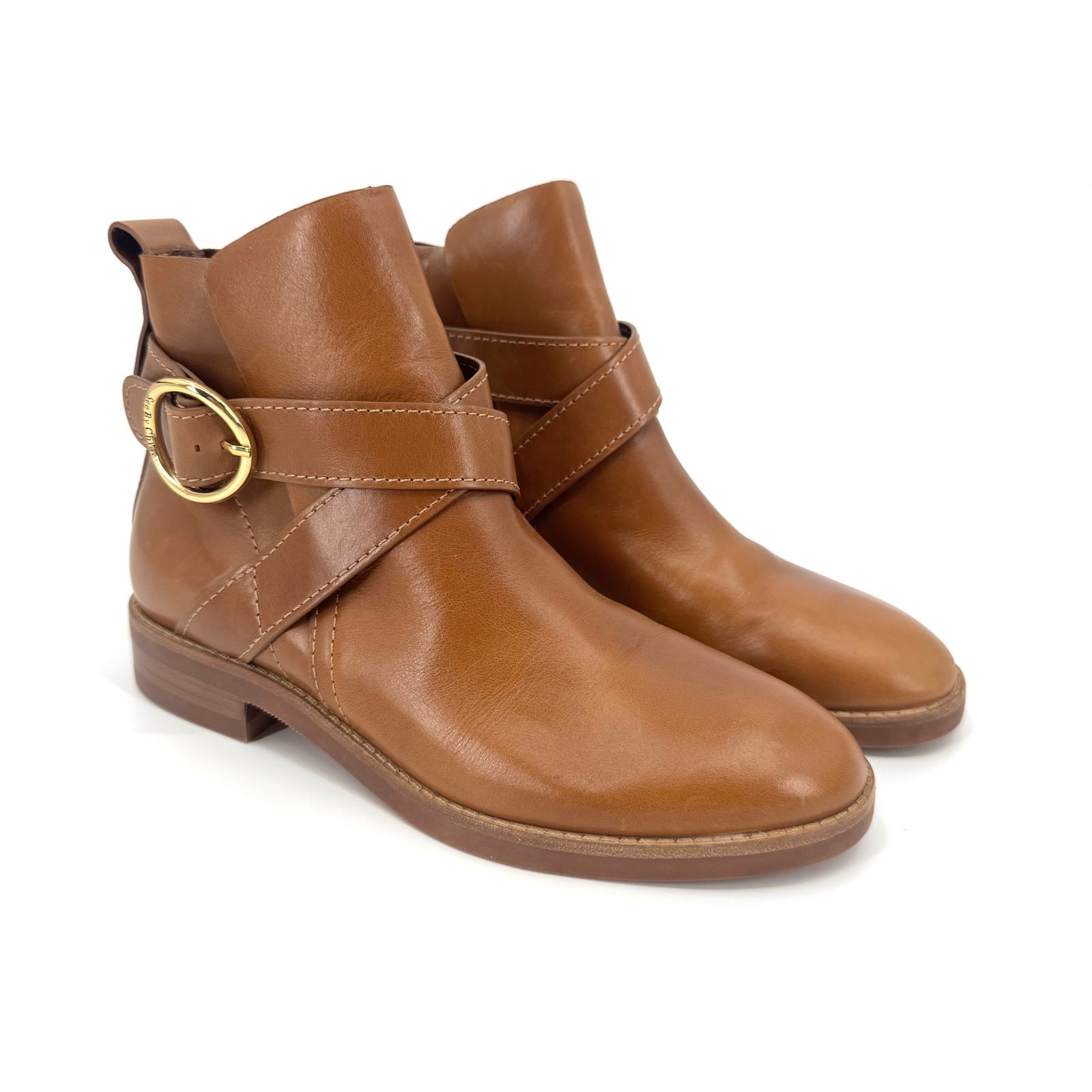 See by Chloe Women’s EU 37.5 Tan Brown Lyna Ankle Harness Boots Leather