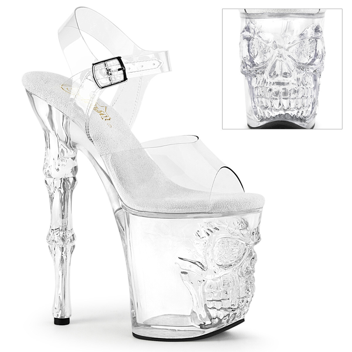 PLEASER 8″ Finger Bone Heel Women’s Clear Skull Platform Ankle Strap Sandal