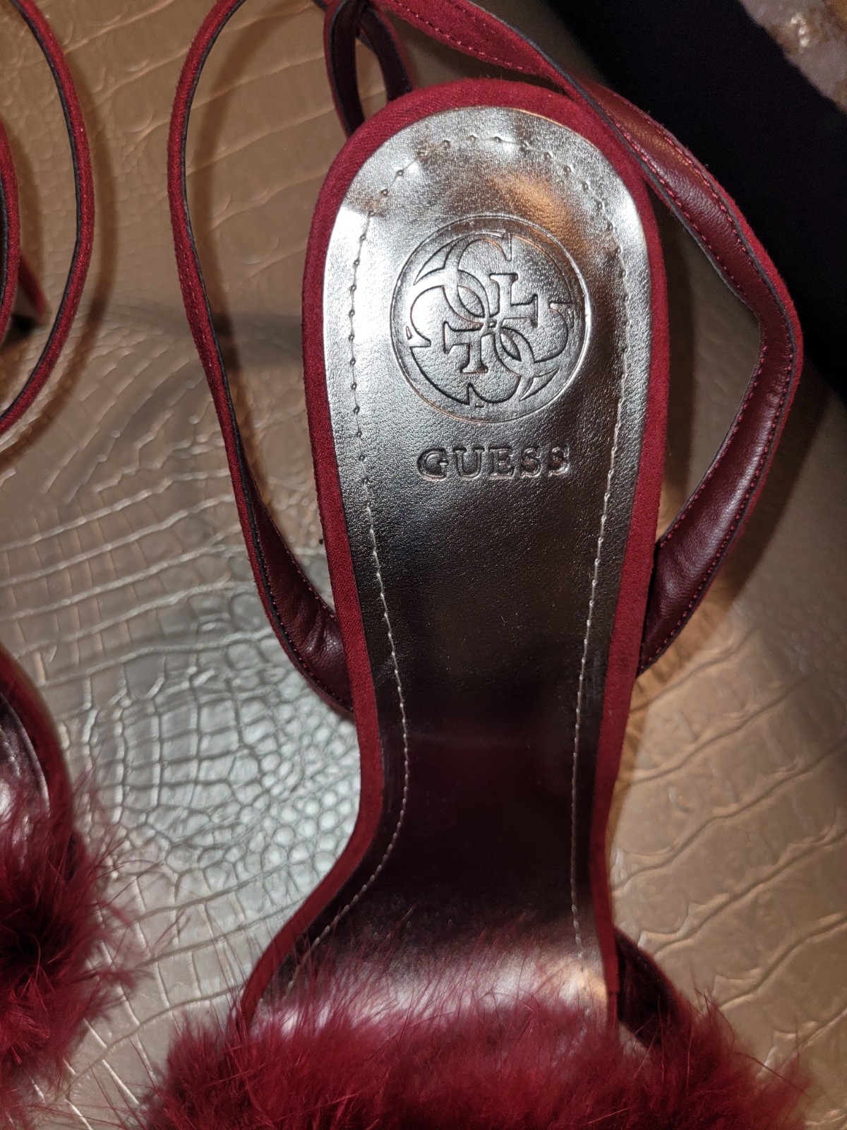 Guess Gwavis Red Suede Feather Pom Pom Stilleto Heels 9.5M