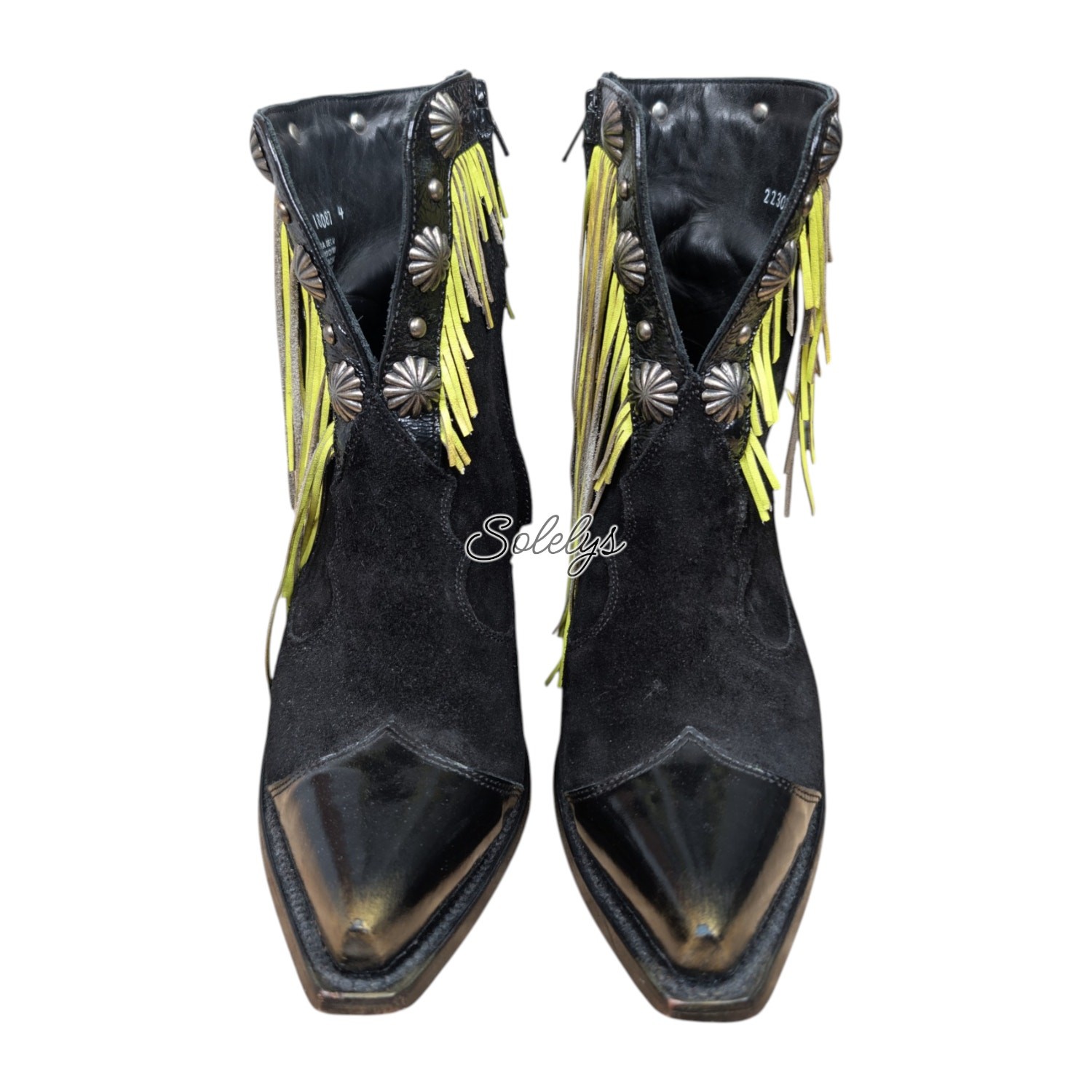 Mezcalero Eilen Green Handmade Fringe Black Suede Pointed Toe Western Bootie 8