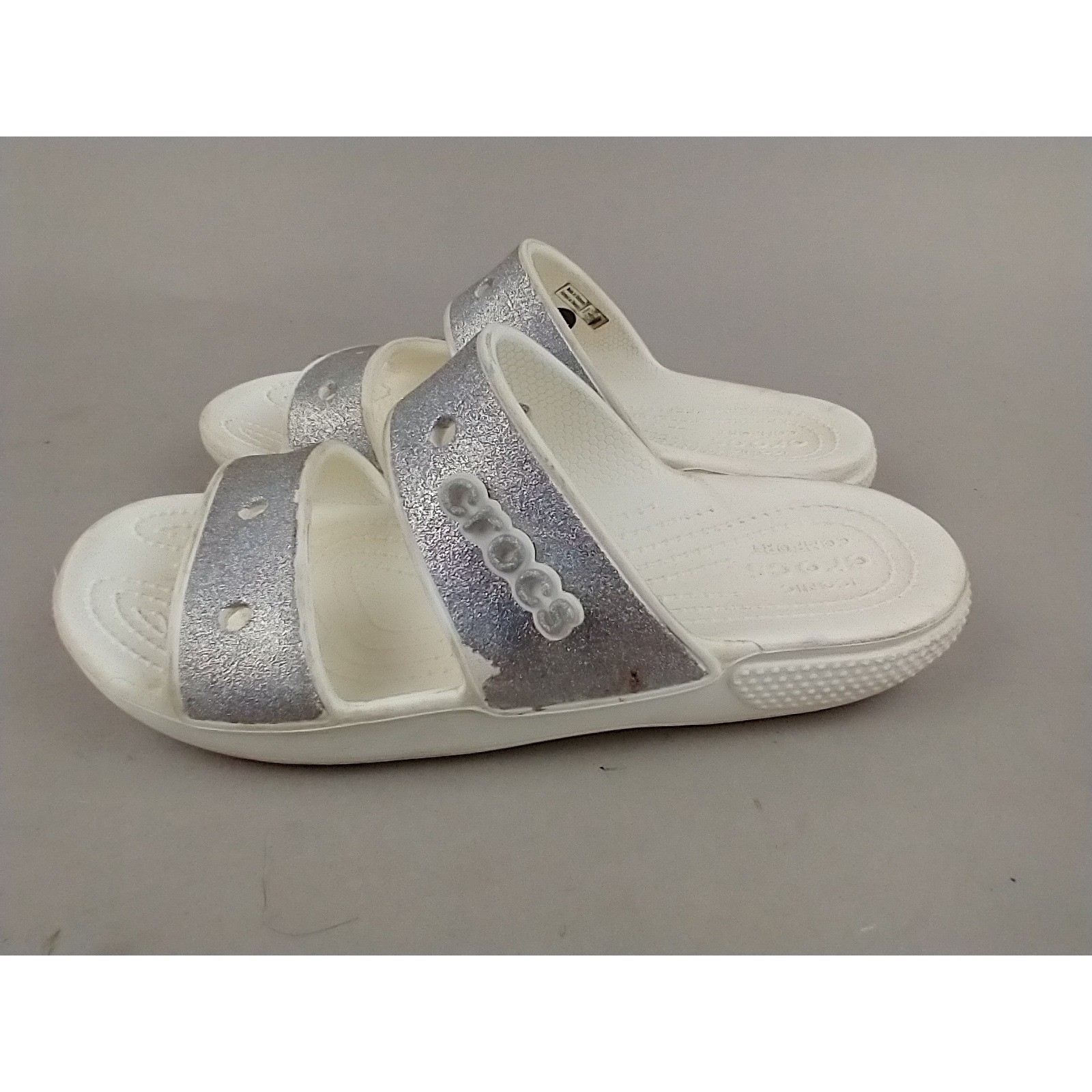 Crocs Classic Sandal Silver Glitter White Two Strap Slide Mens 4 Womens 6