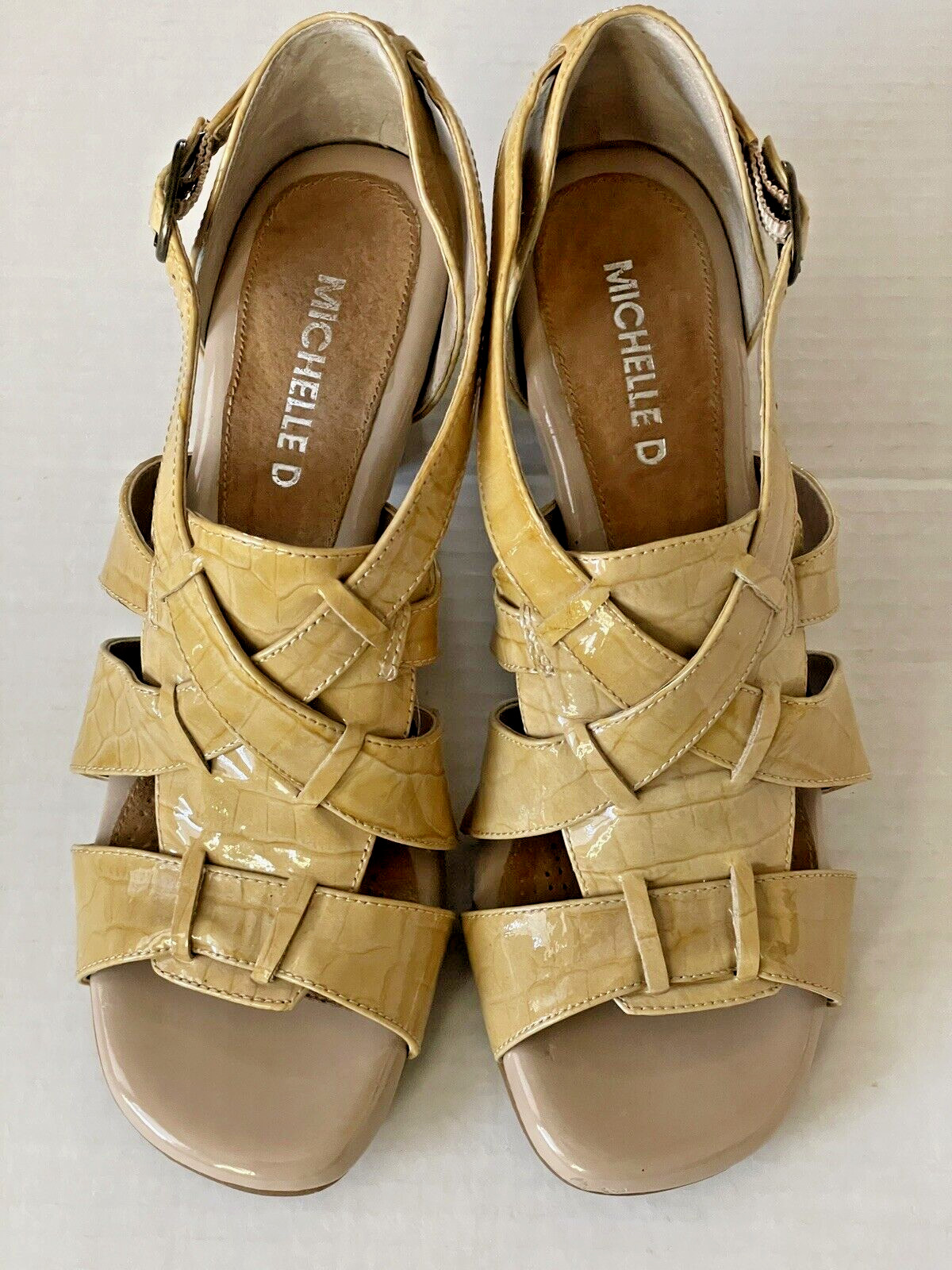 Michelle D Gold / Tan Sandals Strappy High Heels Open Toe Buckle Womens Size 7M