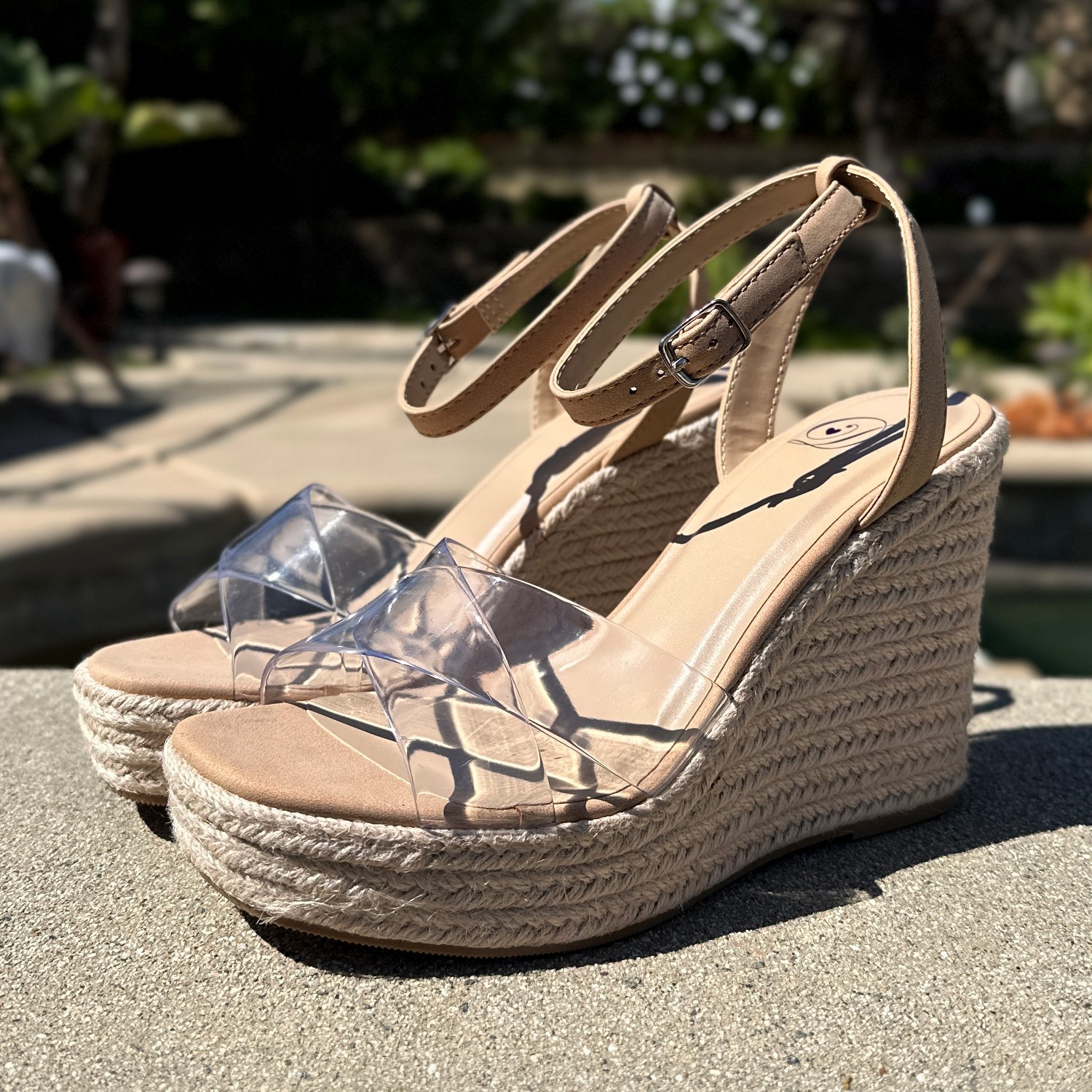 New Transparent Natural Raffia Espadrille Sandal Ankle Strap Platform Wedge Heel