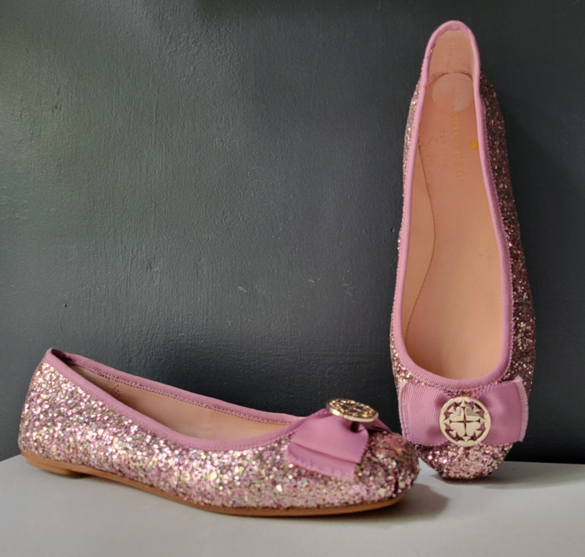 KATE SPADE NEW YORK PINK GLITTER BALLET FLATS w/GROSGRAIN FLAT BOW Sz 6